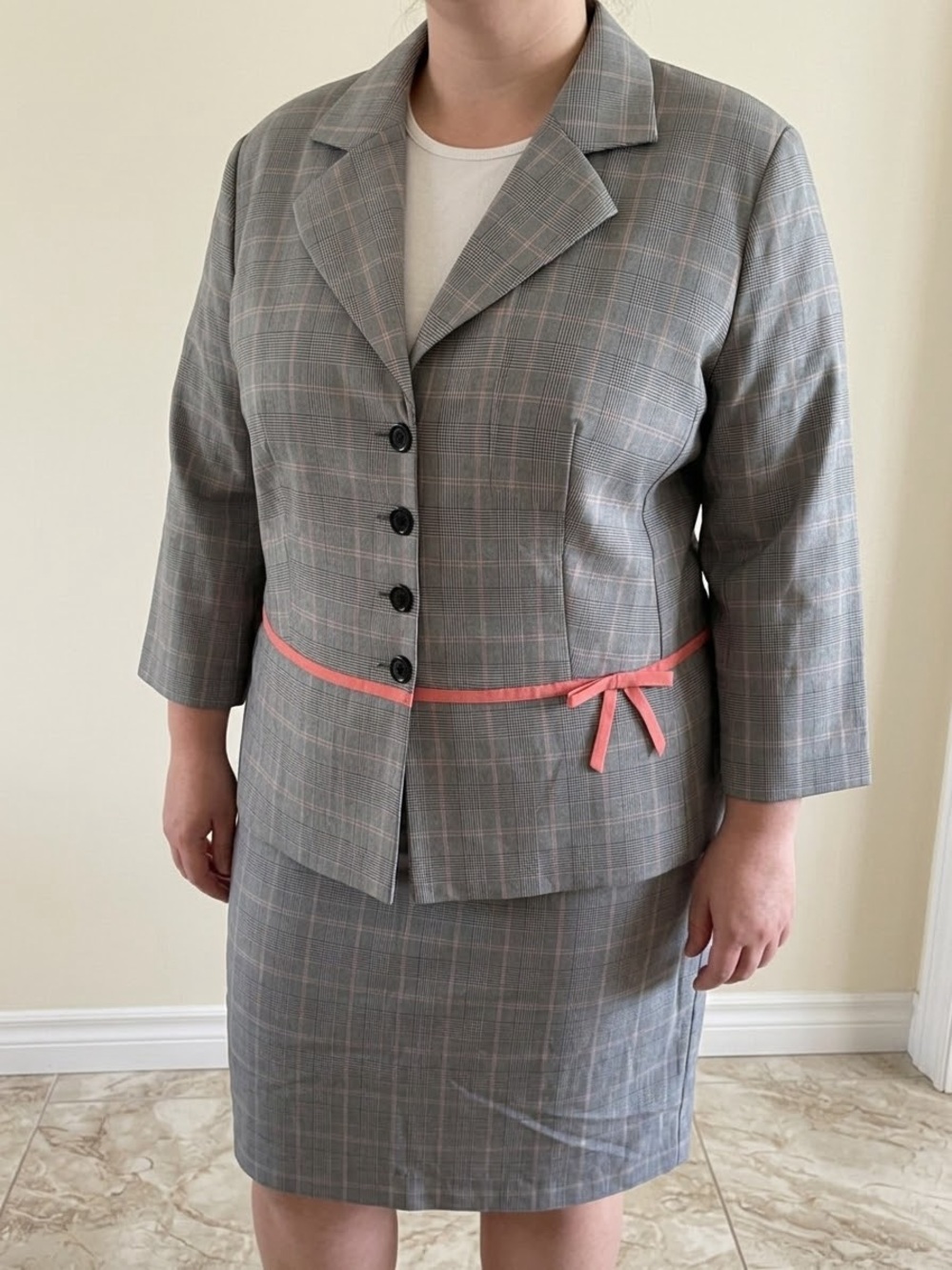 Classic Gray Plaid Women’s Jacket with Coral Trim